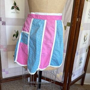 Vintage 1960s Colorblock Patchwork Apron – Pink & Aqua Blue Cotton with Pocket